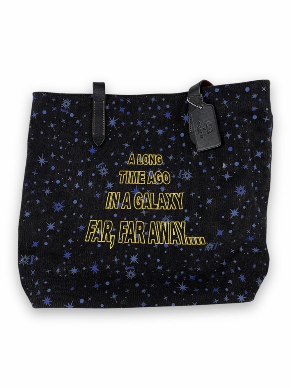Coach Black Tote with Blue Star Print and Yellow Text